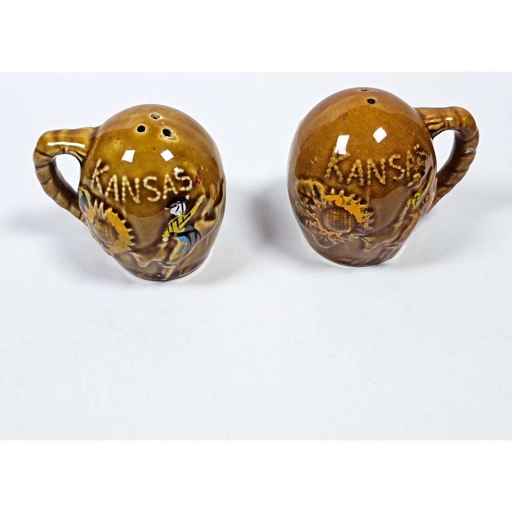 Kansas Salt Pepper Shakers Ceramic Souvenir Set of 2 Brown Novelty Mug Shape